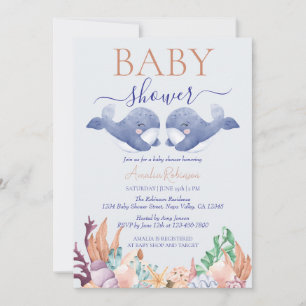 Twillingar under Sea Whale Watercolor Baby Shower Inbjudningar