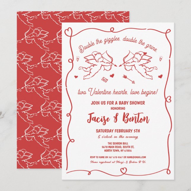 Twillingar Valentines Baby Shower Cupid Red Boy Kä Inbjudningar (Fram/baksida)