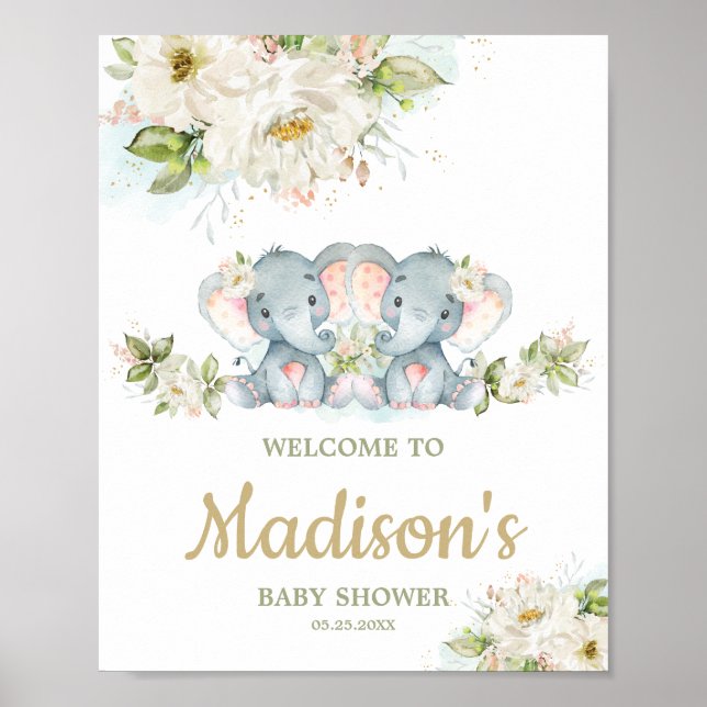 Twillingar Välkomstskylt om elefant-Twin Girls Bab Poster (Framsidan)