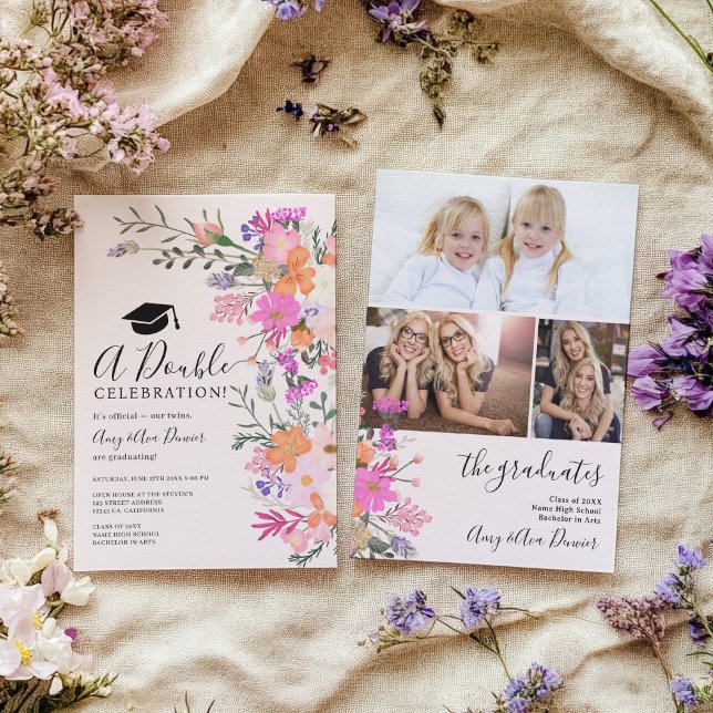 Twillingar vild blommor vår dubbla studenten inbjudningar (Twins pastel wild flowers spring double graduation invitation)