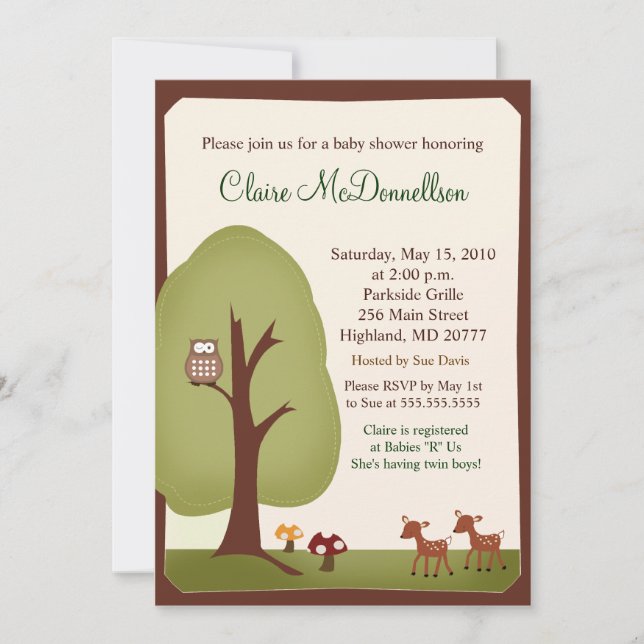 TWILLINGAR Woodland Forest 5x7 Baby Shower-inbjuda Inbjudningar (Framsida)