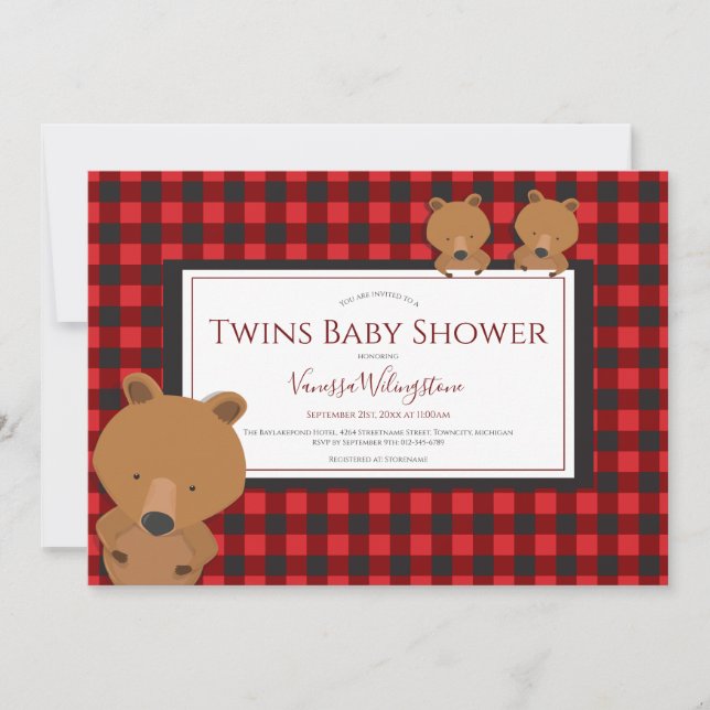  Twillingar Woodland Red Play Bear Baby Shower Inbjudningar (Framsida)