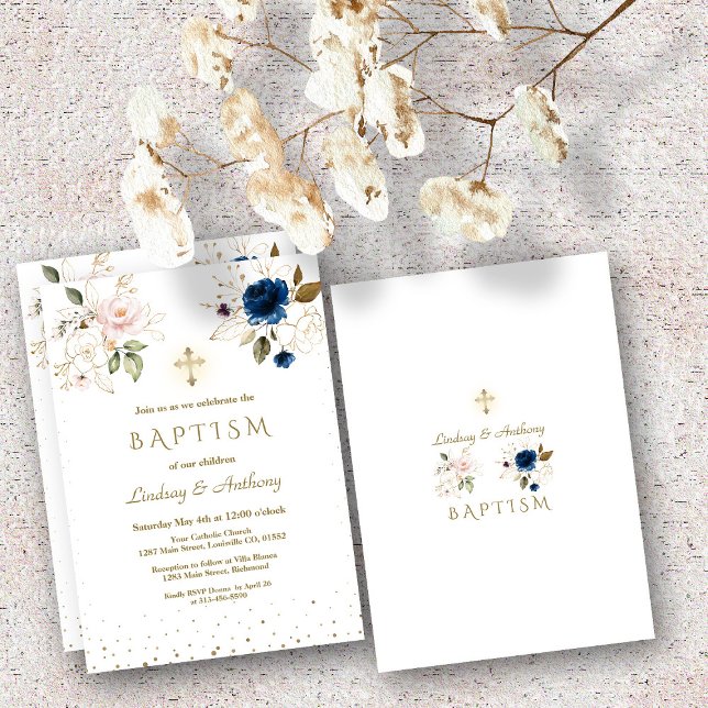 Twillingarna Baptism vid Rosa Blue Guld Flowers  B Inbjudningar (Skapare uppladdad)