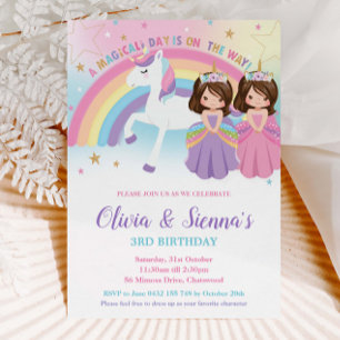 Twillingarna Brunette Princesses och Unicorn Birth Inbjudningar