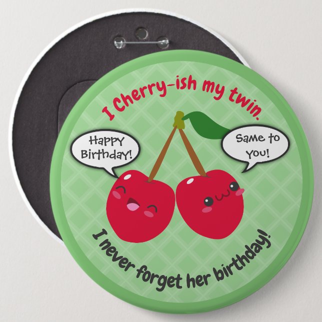 Twillingarna Cute Red Cherry Kawaii Birthday Knapp (Framsida & baksida)