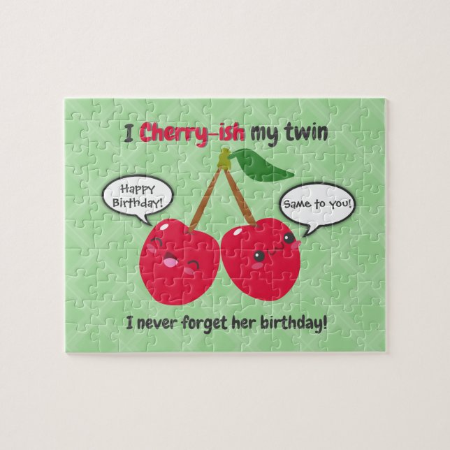 Twillingarna Cute Red Cherry Kawaii Birthday Pussel (Horisontell)