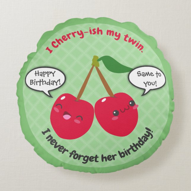 Twillingarna Cute Red Cherry Kawaii Birthday Rund Kudde (Framsidan)