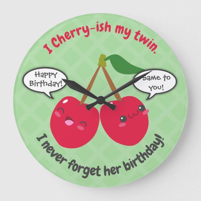 Twillingarna Cute Red Cherry Kawaii Birthday Stor Klocka (Framsida)