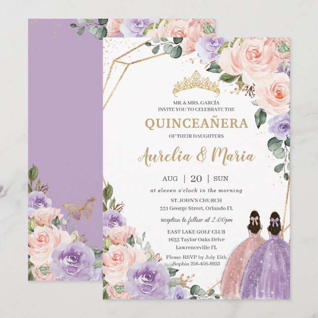 Twillingarna Quinceañera Lilac  Blommigt Ro Guld Inbjudningar (Fram/baksida)