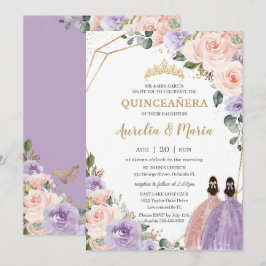 Twillingarna Quinceañera Lilac  Blommigt Ro Guld Inbjudningar