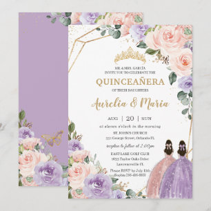 Twillingarna Quinceañera Lilac Blommigt Ro Guld Inbjudningar