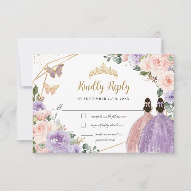 Twillingarna Quinceañera Lilac  Blommigt Ro Guld OSA Kort (Framsida)