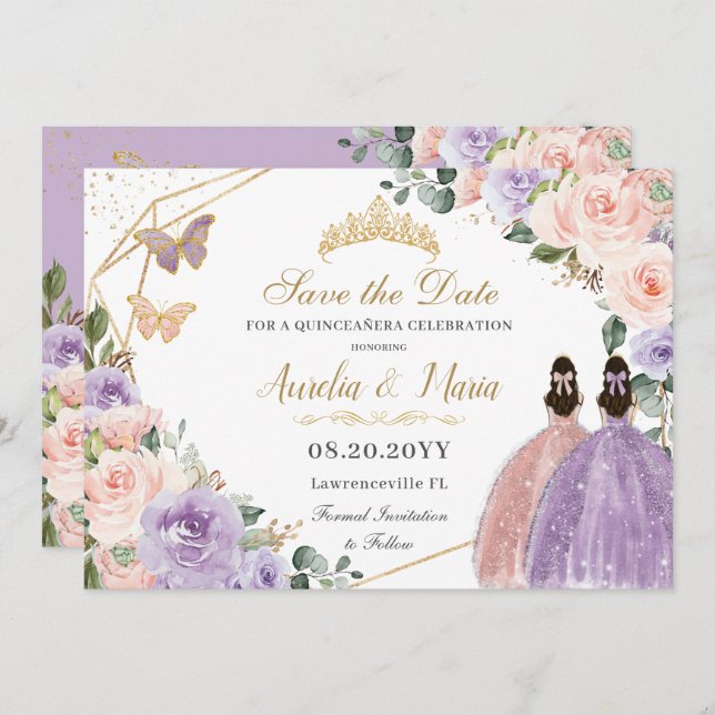 Twillingarna Quinceañera Lilac  Blommigt Ro Guld Spara Datumet (Fram/baksida)