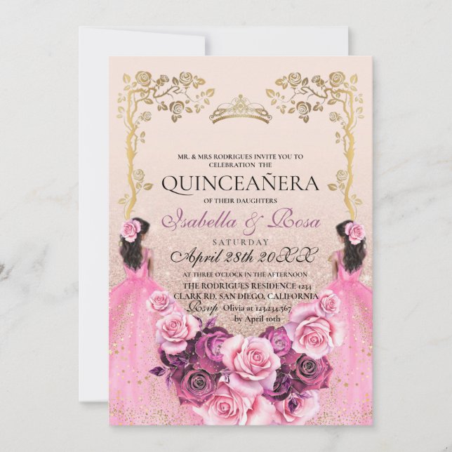 Twillingarna Quinceañera vid  Rosa Guld Blommigt Inbjudningar (Framsida)