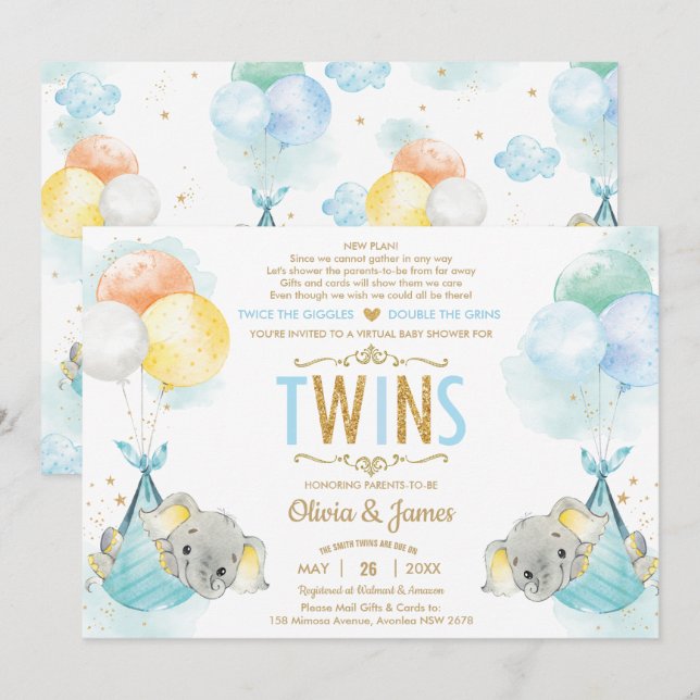 Twillingars Boys Elephant Virtuell Baby Shower by  Inbjudningar (Fram/baksida)