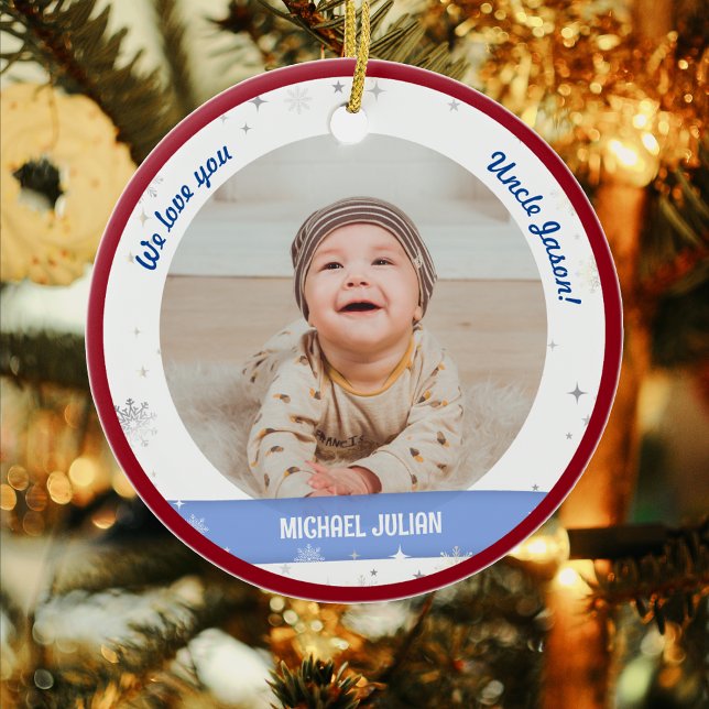 Twillingars Boys Photos farbror Cute Baby Julgransprydnad Keramik (Cute Modern Elegant Personalized First Christmas Baby We love you Uncle Twin Boys 2 Photos Snow)