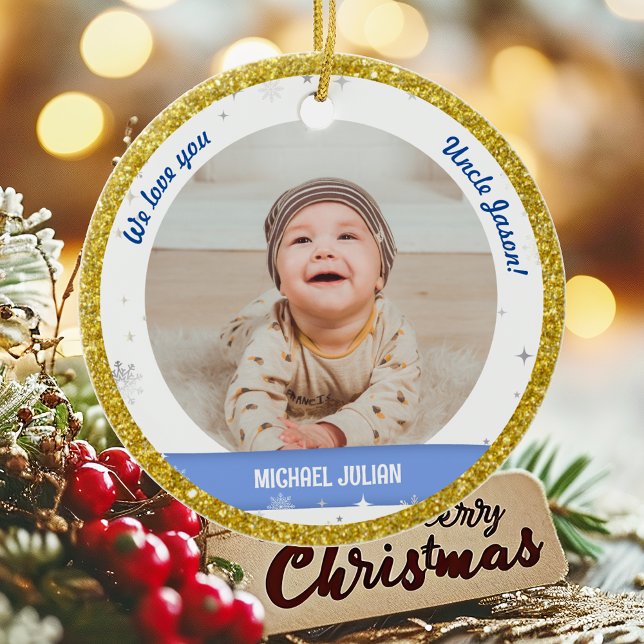 Twillingars Boys Photos farbror Cute Baby Julgransprydnad Keramik (Cute Modern Elegant Personalized First Christmas Baby We love You Uncle Twin Boys 2 Photos Golden)