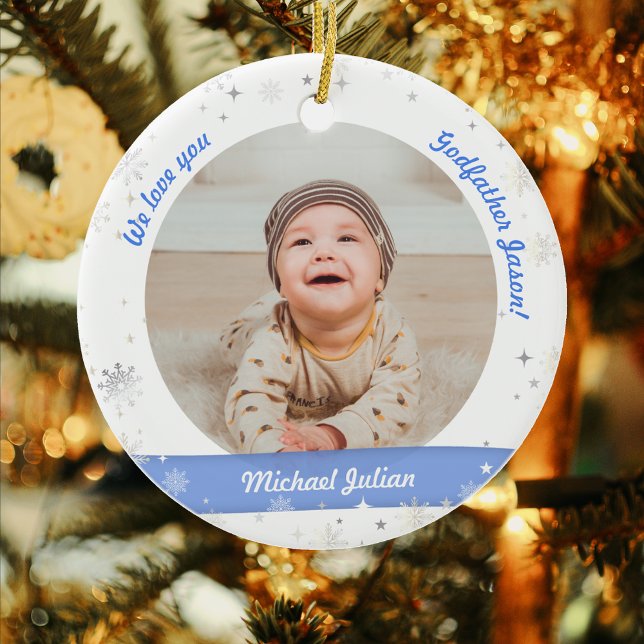 Twillingars Boys Photos Godfather Första jul Baby Julgransprydnad Keramik (Modern Elegant Cute First Christmas Baby Boys Twins We love you Godfather Name 2 Photos Snowflakes)