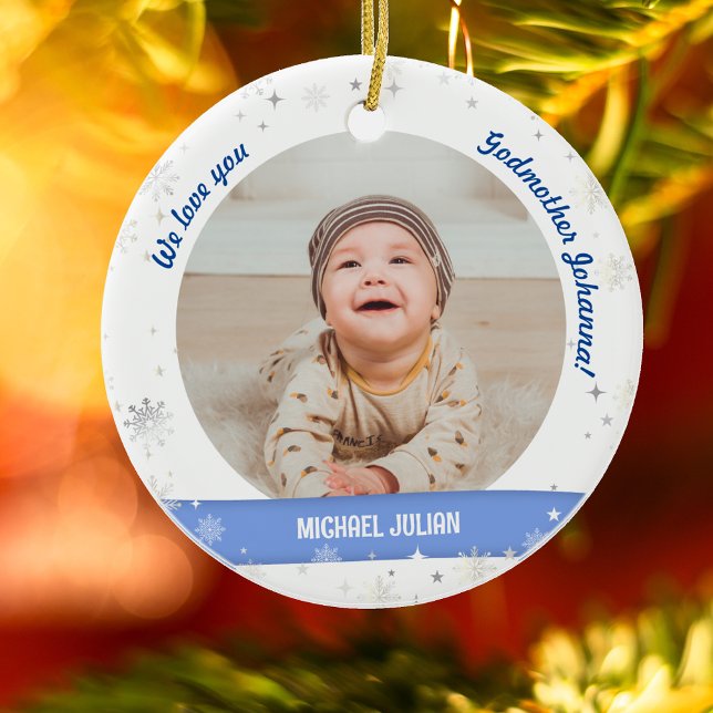 Twillingars Boys Photos Godmor Första jul Baby Julgransprydnad Keramik (Modern, Cute, Elegant We love you, Godmother! First Christmas Twin Baby Boys. 2 Photos. Snowflakes)