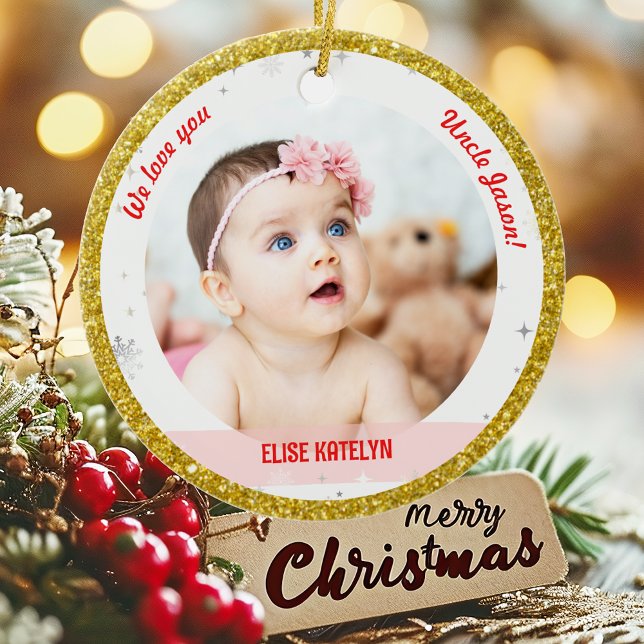 Twillingars Girl Boy Photos farbror Första jul Bab Julgransprydnad Keramik (Modern Elegant Cute We love you, Uncle! First Christmas Twins Girl Boy 2 Photos Golden Faux Glitter)