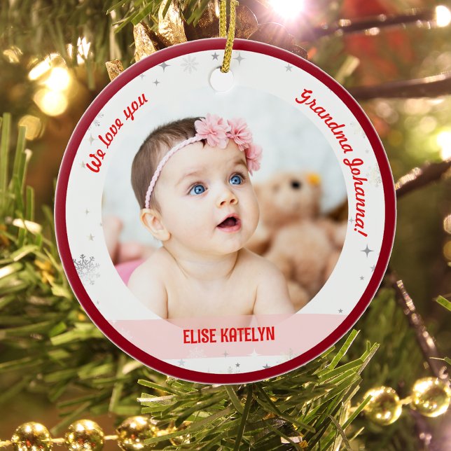 Twillingars Girl Boy Photos Grandma First jul Baby Julgransprydnad Keramik (Cute Modern Elegant Personalized First Christmas We love you Grandma Twin Babies Girl Boy 2 Photos)