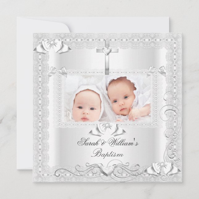 Twin Baby Baptism Girl Boy Christening White Snöre Meddelande (Framsida)