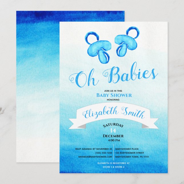 Twin baby boy watercolor babyshower inbjudningar (Fram/baksida)