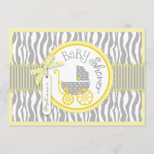 TWIN Baby Carriage, Zebra tryck Gult Baby Shower Inbjudningar