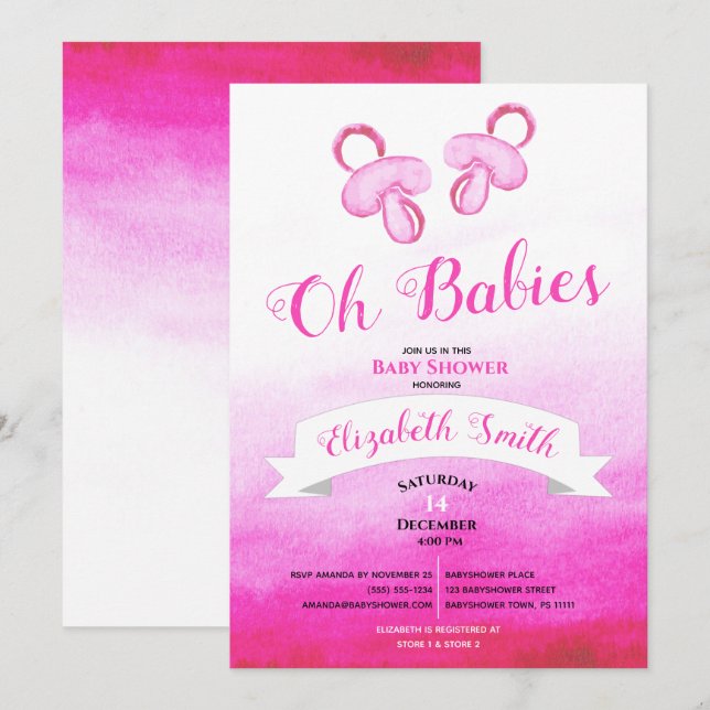 Twin Baby girls watercolor babyshower Inbjudningar (Fram/baksida)
