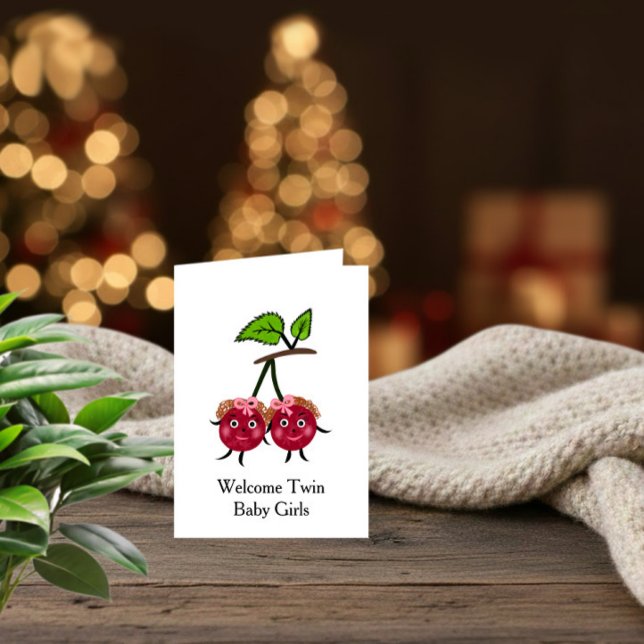 Twin Baby Girls Welcome Card – Sweet Cherry Twins Helgkort (Skapare uppladdad)