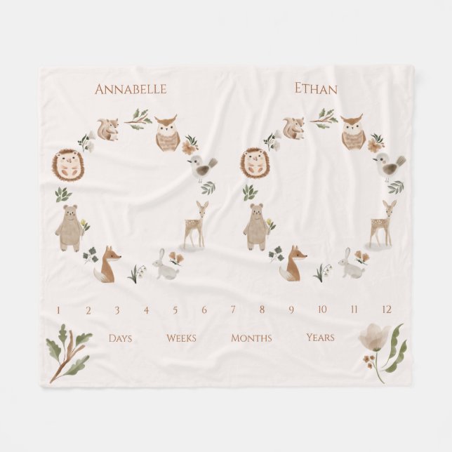 Twin Baby Milestone Boho Woodland Animals Fleecefilt (Framsidan (Horisontell))