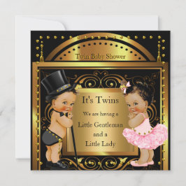 Twin Baby Shower Boy and Girl Guld Brunette Inbjudningar