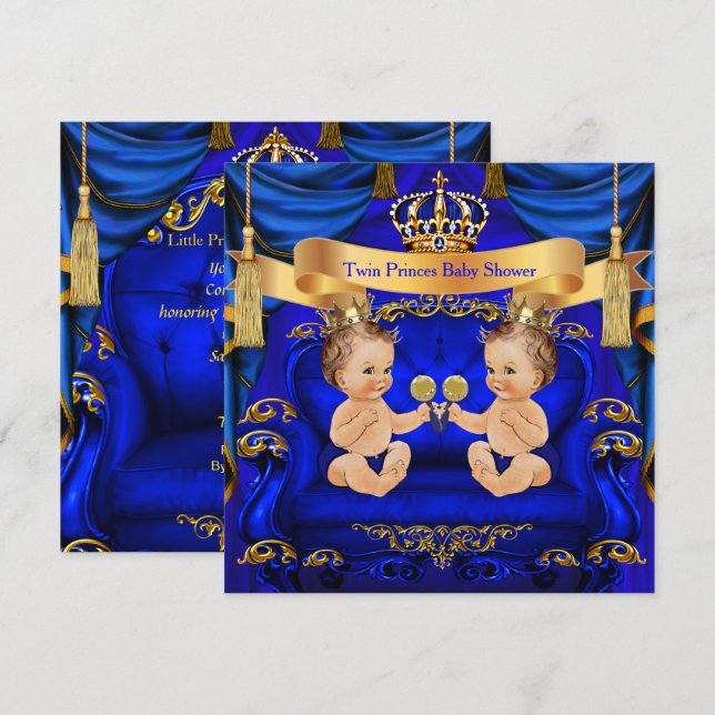 Twin Baby Shower Boy Prince Blue Guld Inbjudningar (Fram/baksida)