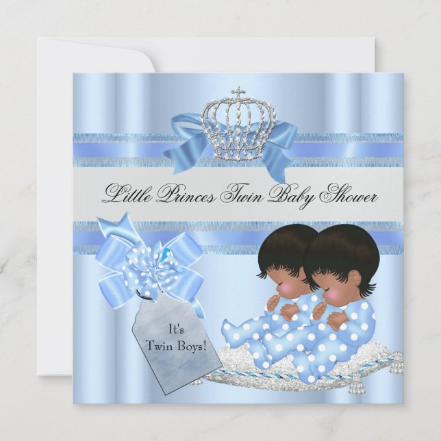 Twin Baby Shower Boys Blue Little Prince Krona 3 Inbjudningar (Framsida)
