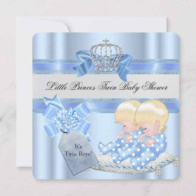 Twin Baby Shower Boys Blue Little Prince Krona 3D Inbjudningar (Framsida)