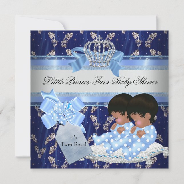 Twin Baby Shower Boys Blue Little Prince Krona Inbjudningar (Framsida)