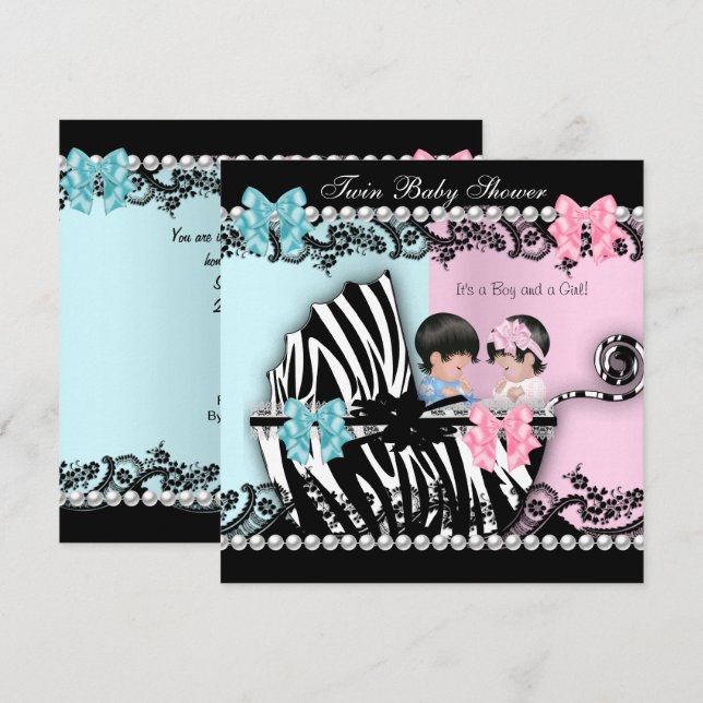 Twin Baby Shower Cute Girl Rosa Boy Blue Zebra 2 Inbjudningar (Fram/baksida)