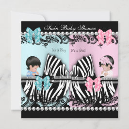 Twin Baby Shower Cute Girl Rosa Boy Blue Zebra Inbjudningar