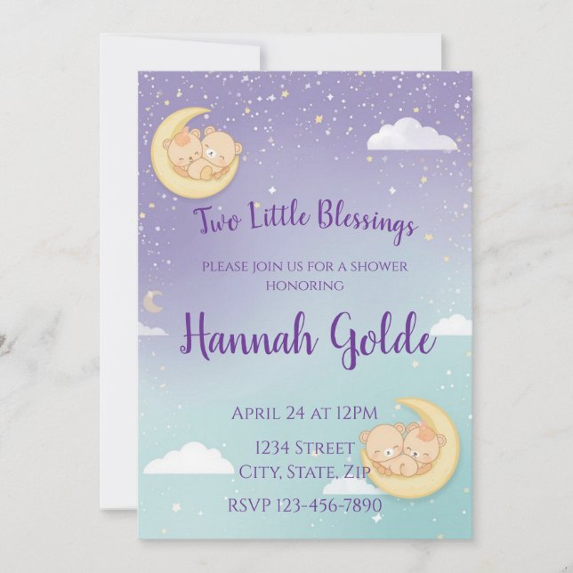 Twin Baby Shower Invitation Sleeping Animals Moon Inbjudningar (Framsida)