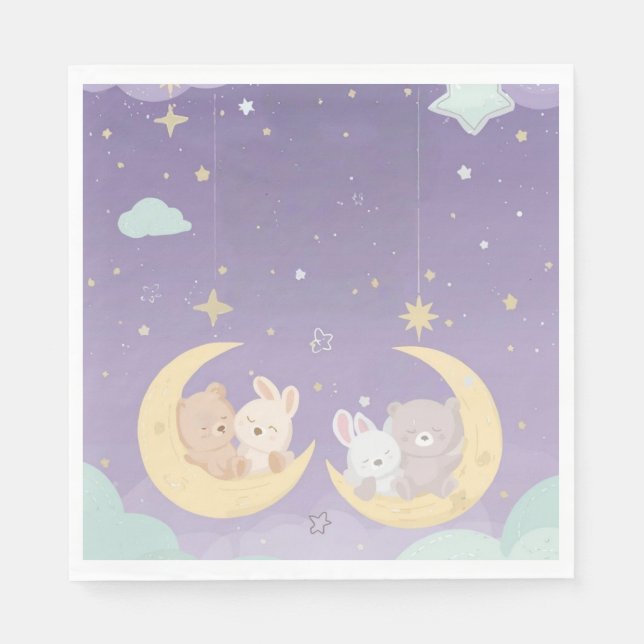 Twin Baby Shower Napkins Sleeping Animals Moon Pappersservett (Framsidan)