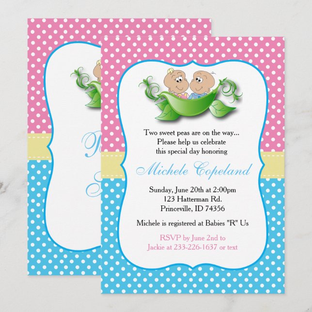 Twin Baby Shower - två ärtor i en Pod Inbjudningar (Fram/baksida)