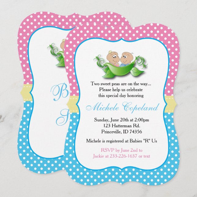 Twin Baby Shower - två ärtor i en Pod Inbjudningar (Fram/baksida)