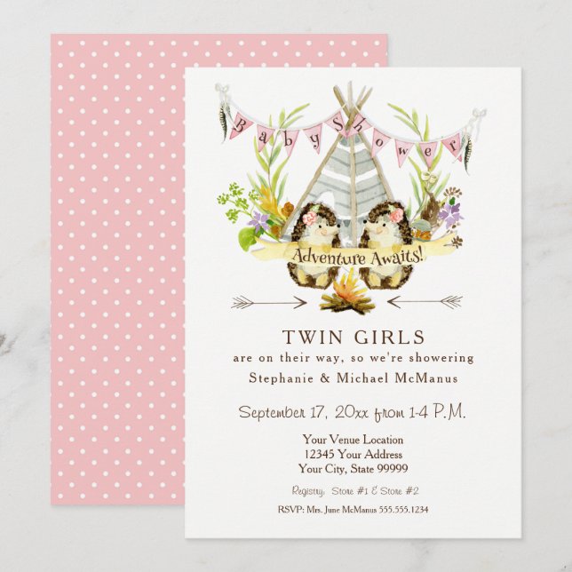 Twin Baby Shower Woodland Animal Teepee Hedgehog Inbjudningar (Fram/baksida)