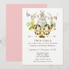 Twin Baby Shower Woodland Animal Teepee Hedgehog Inbjudningar