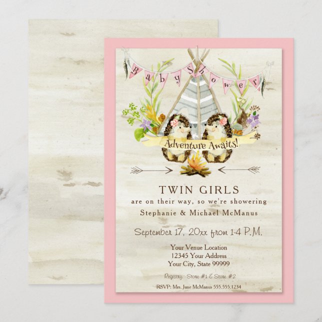 Twin Baby Shower Woodland Animal Teepee Hedgehog Inbjudningar (Fram/baksida)