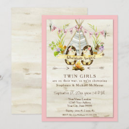 Twin Baby Shower Woodland Animal Teepee Hedgehog Inbjudningar