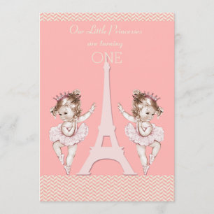 Twin Ballerinas Eiffel Torn Chevrons 1:a födelseda Inbjudningar