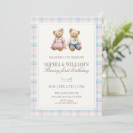Twin Beary First Birthday Teddy Bear Plaid Inbjudningar