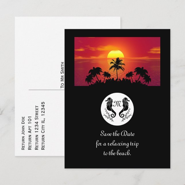 Twin Black Seahorse Silhouette Monogram Photo Inbjudan Vykort (Fram/baksida)