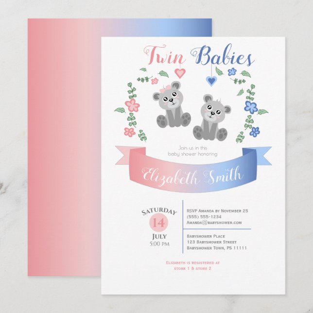 Twin boy and girl Cute bear babyshower Inbjudningar (Fram/baksida)